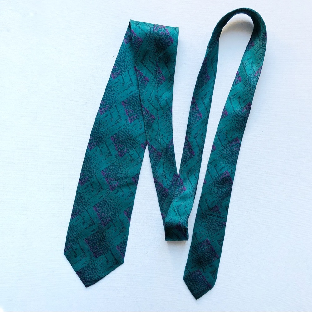 Vintage Giorgio Armani 100% Silk Green and Purple Geometric Tie 80’s